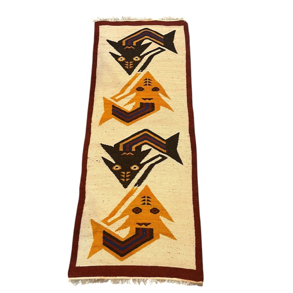 Vintage Hand Woven Wool Ecuador Folk Art Wall Floor Table Rug